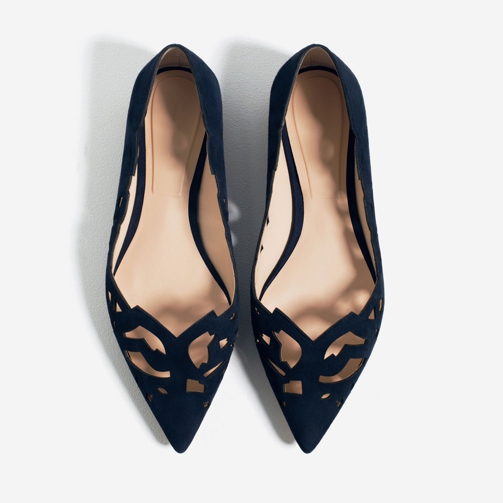 Zara navy laser cut pointed toe flats